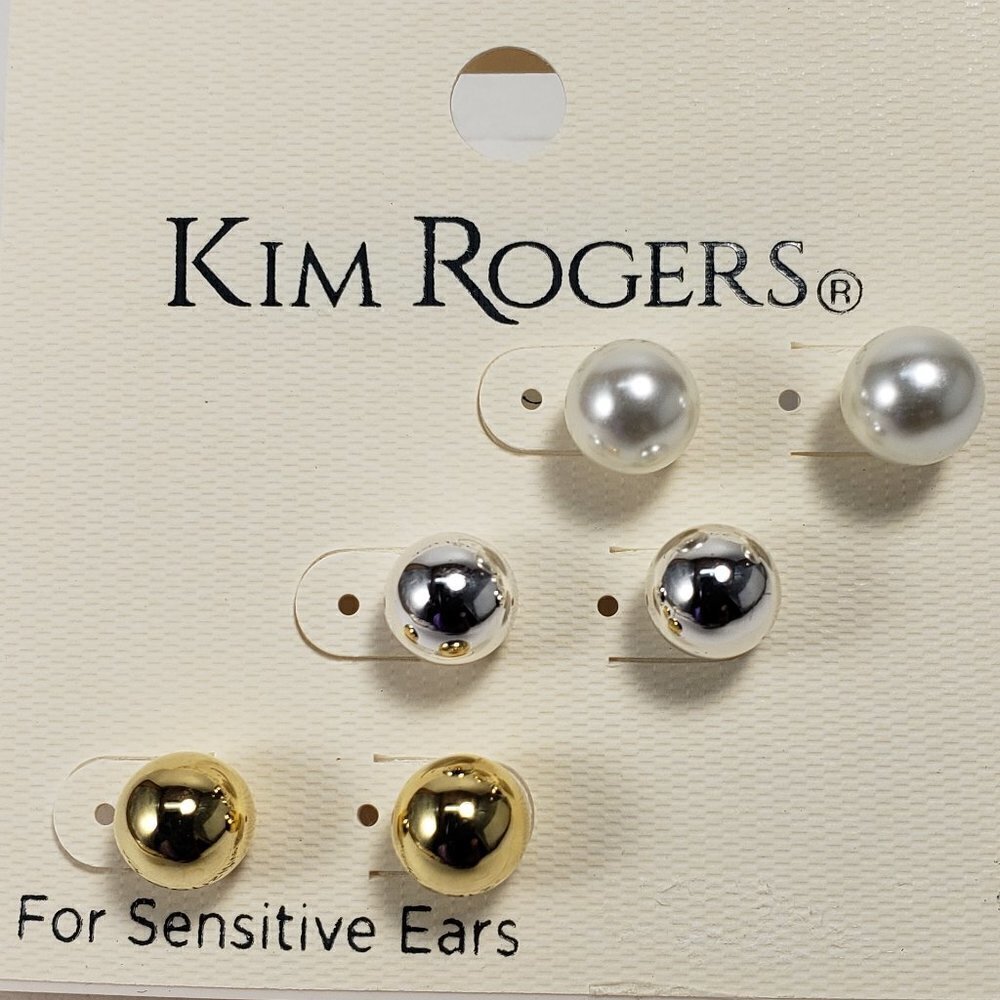 Set of 3 Gold, Silver-Tone & Faux Pearl Ball Stud Earrings - Classic for Women